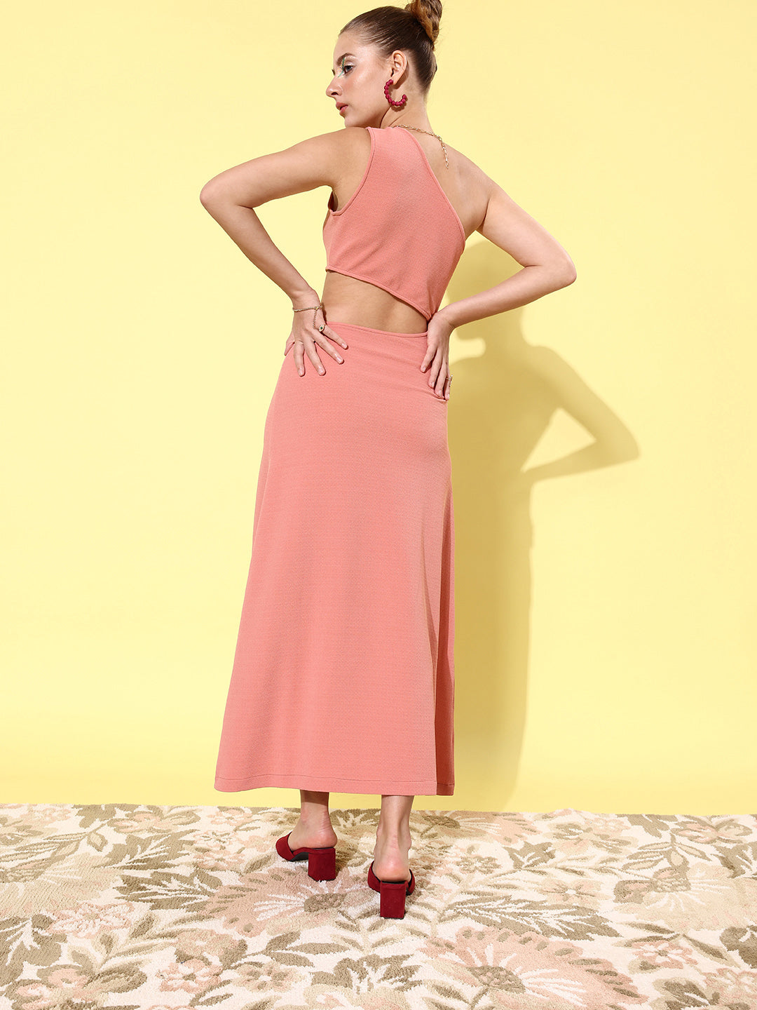 Women's Pink Cut Out One Shoulder Maxi Dress