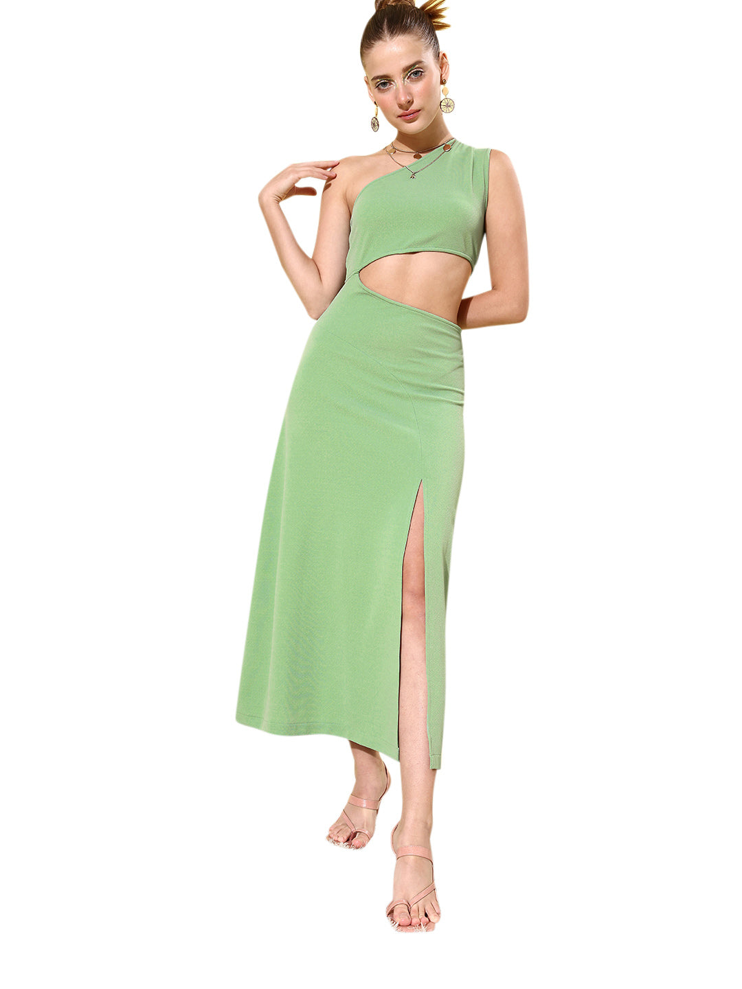 Women's Green Cut Out One Shoulder Maxi Dress