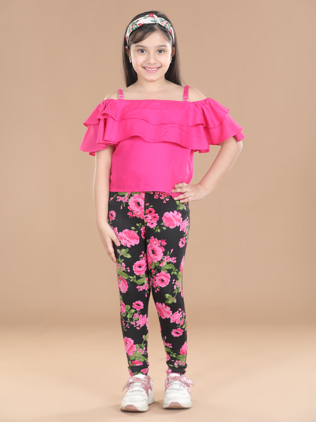 Girls Cotton Floral Printed Jegging with Pink Top