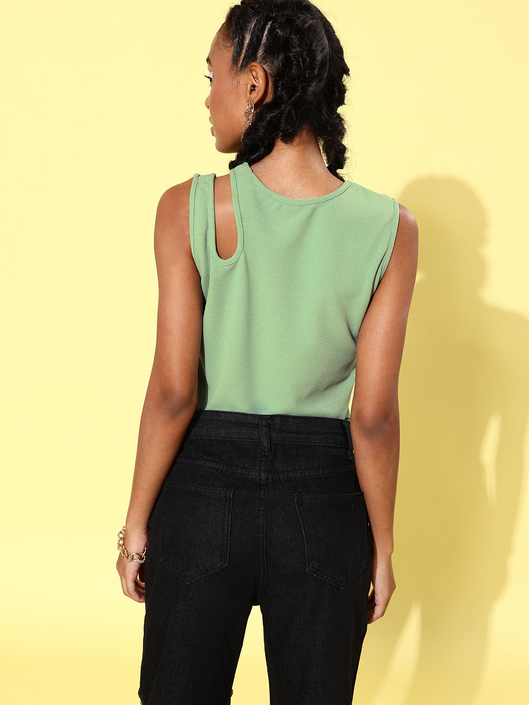 Women's Shoulder Cut out Crop Top-Green