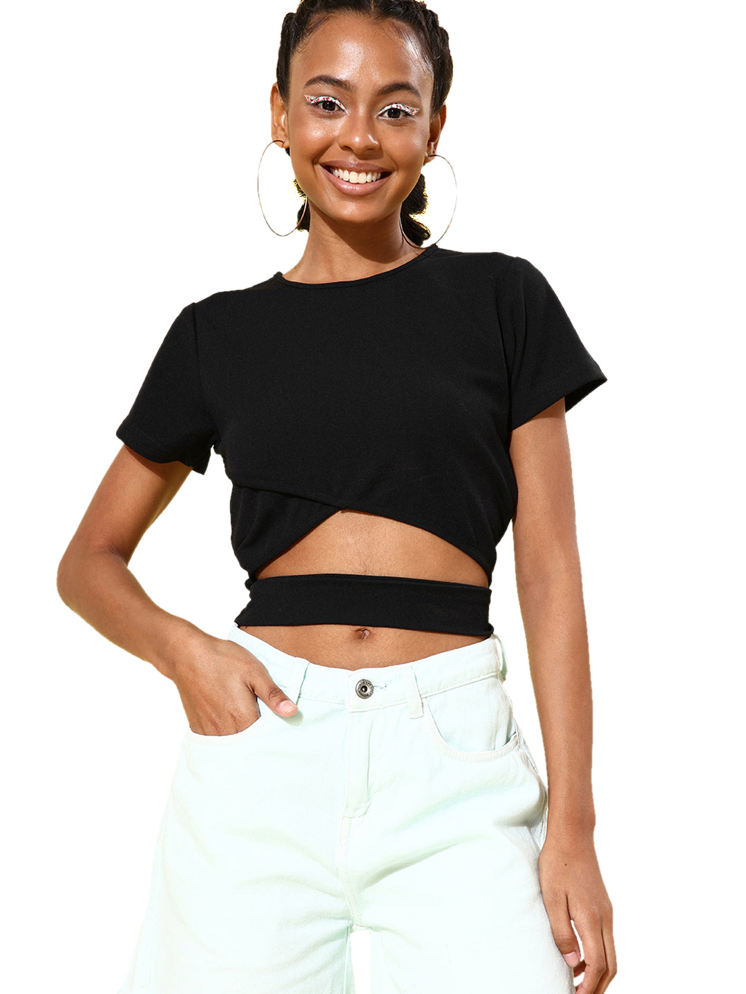Women's Short Sleeve Belly Cut Out Crop Top- Black