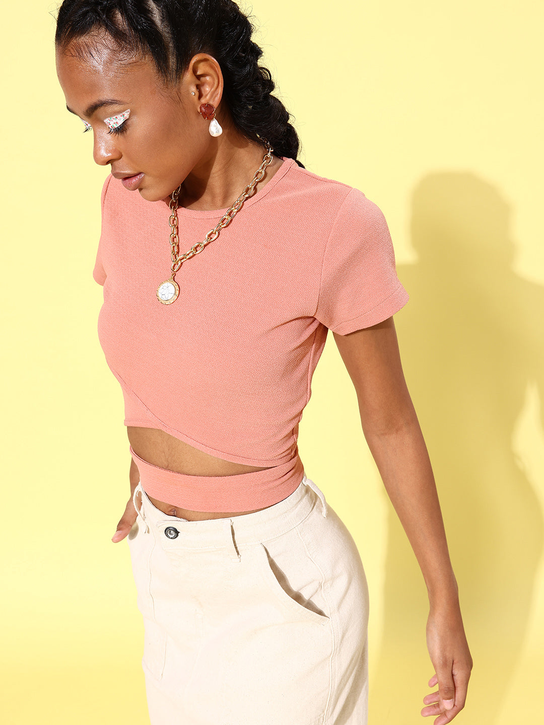 Women's Short Sleeve Belly Cut Out Crop Top- Pink