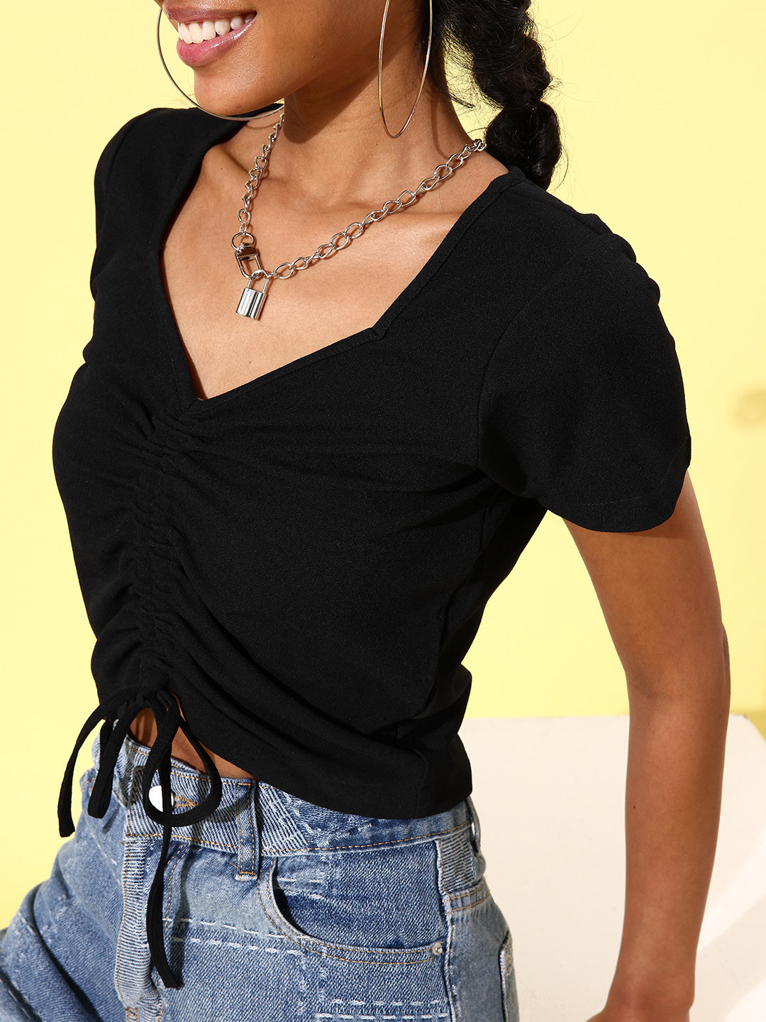 Women's Drawstring Crop Top- Black