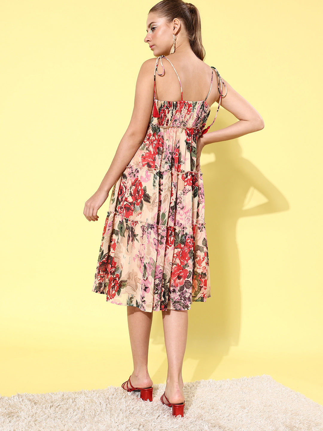 Women's Floral Tier Midi Dress with String Tie Ups- Multi