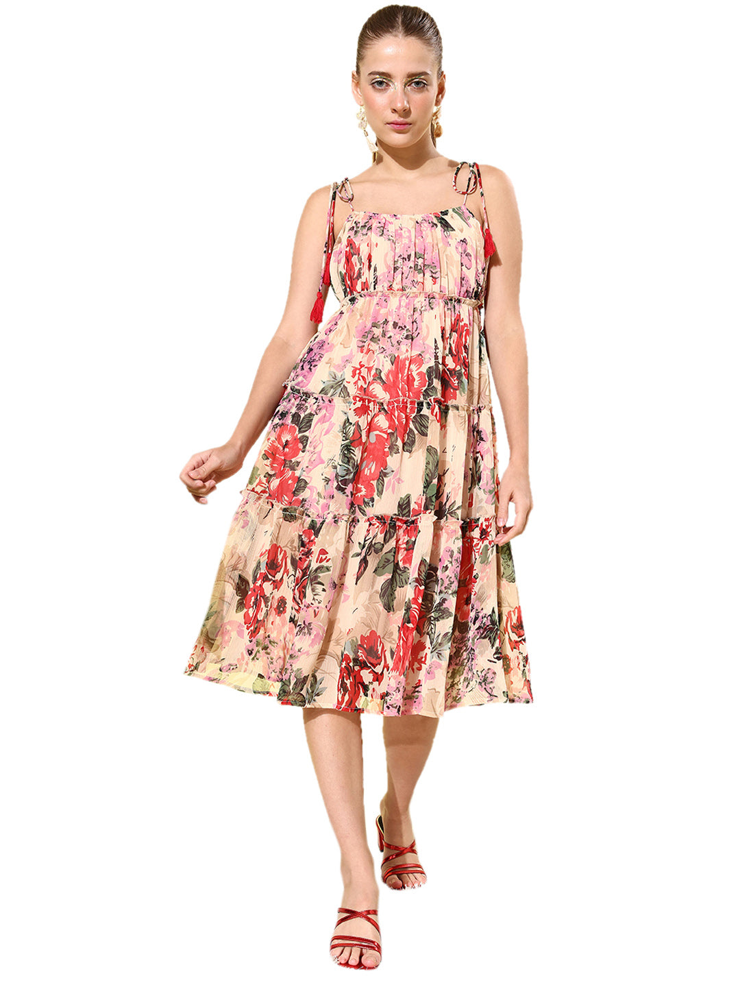 Women's Floral Tier Midi Dress with String Tie Ups- Multi