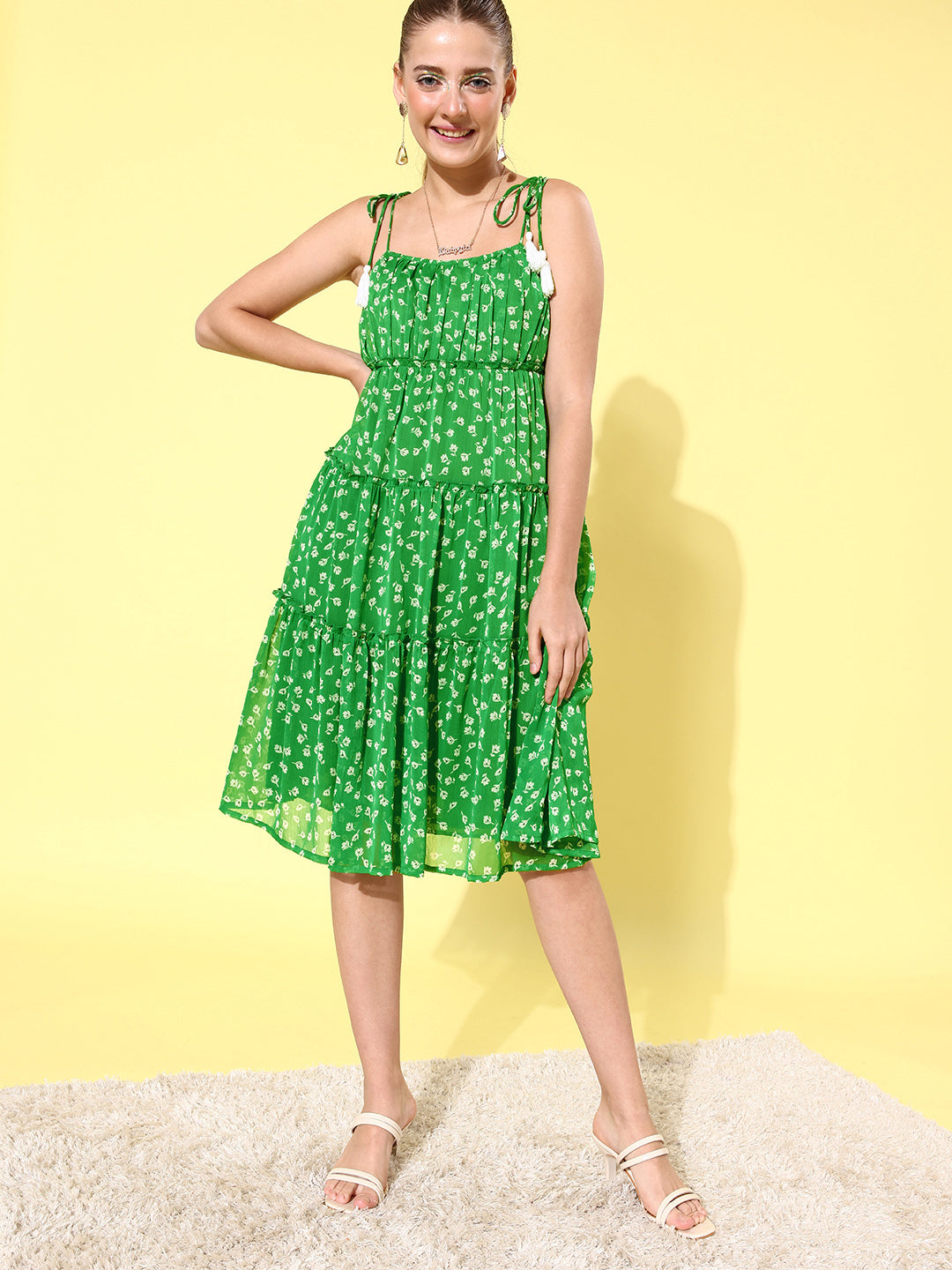 Women's Floral Tier Midi Dress with String Tie Ups- Green