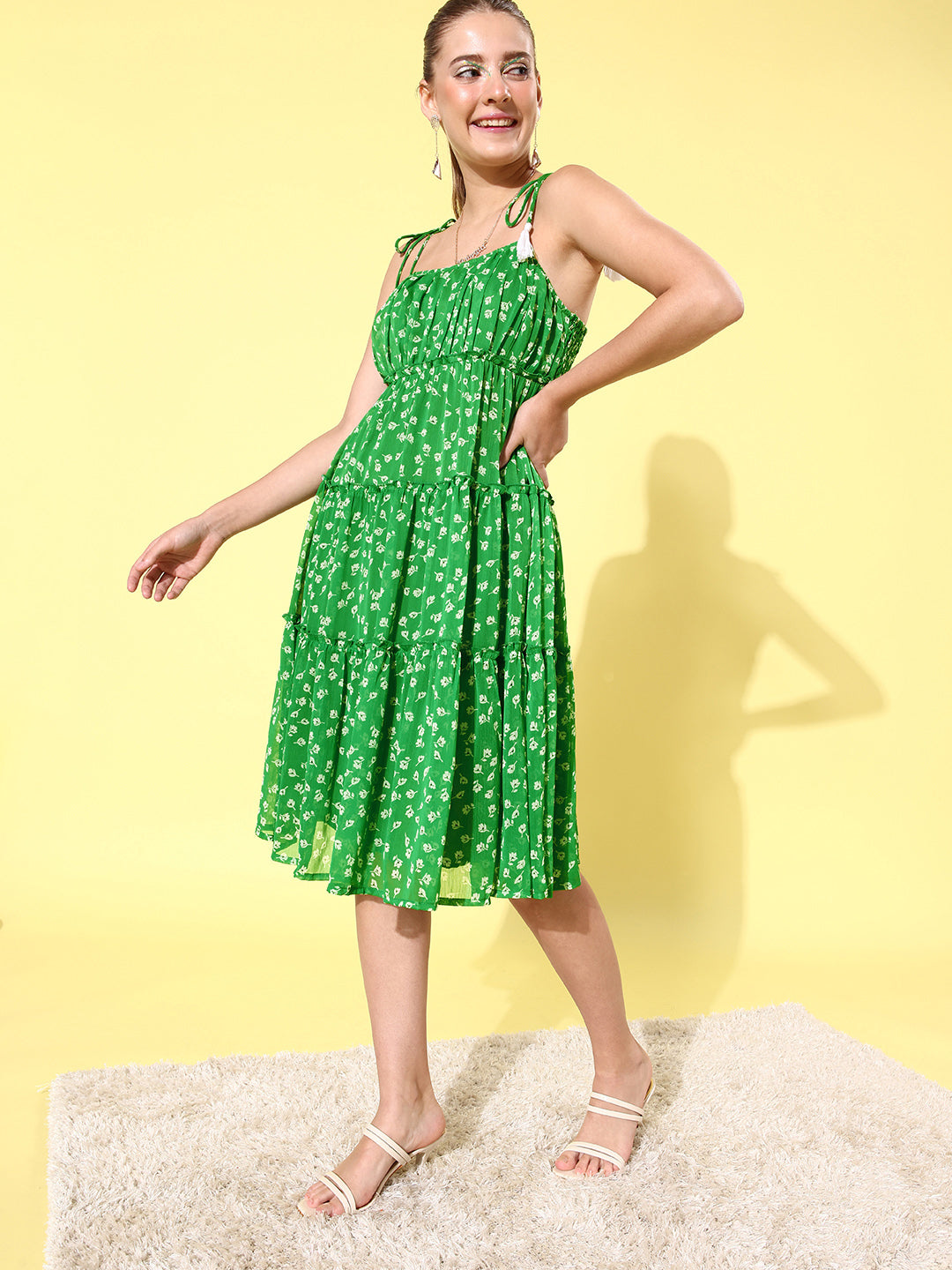 Women's Floral Tier Midi Dress with String Tie Ups- Green