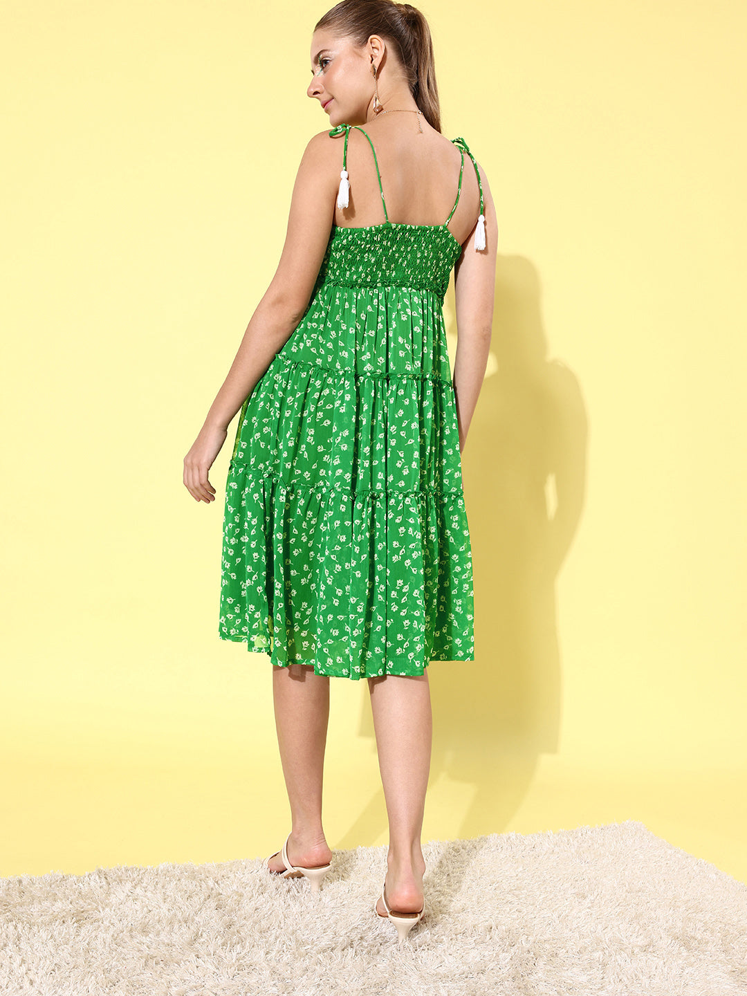 Women's Floral Tier Midi Dress with String Tie Ups- Green