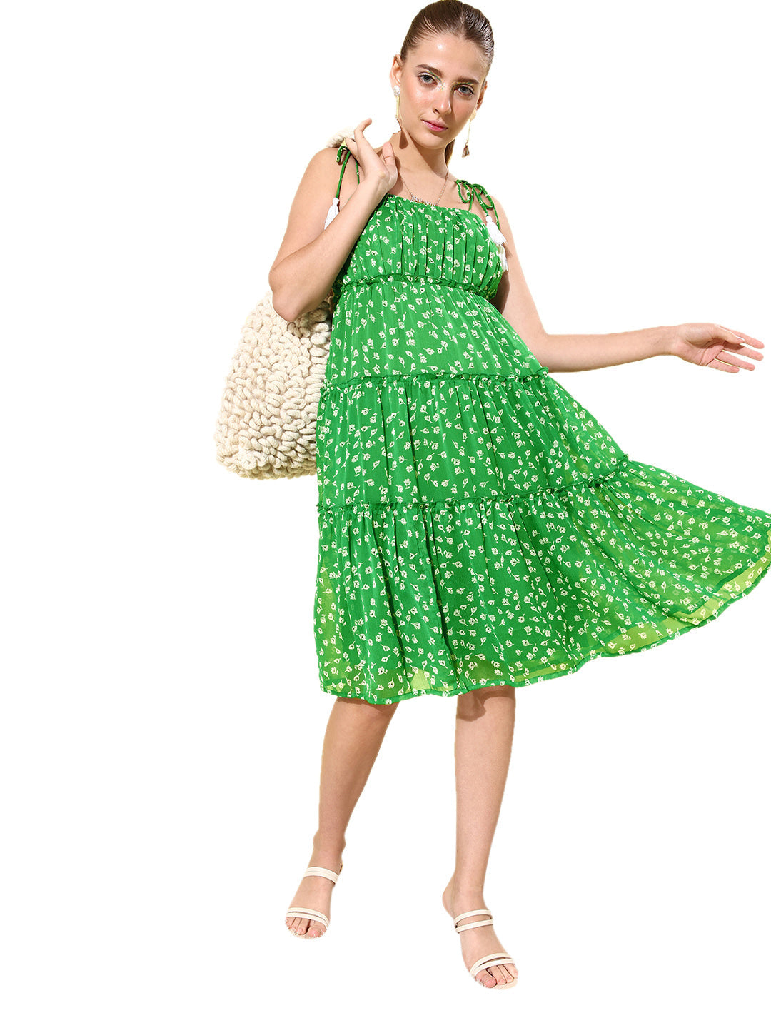 Women's Floral Tier Midi Dress with String Tie Ups- Green