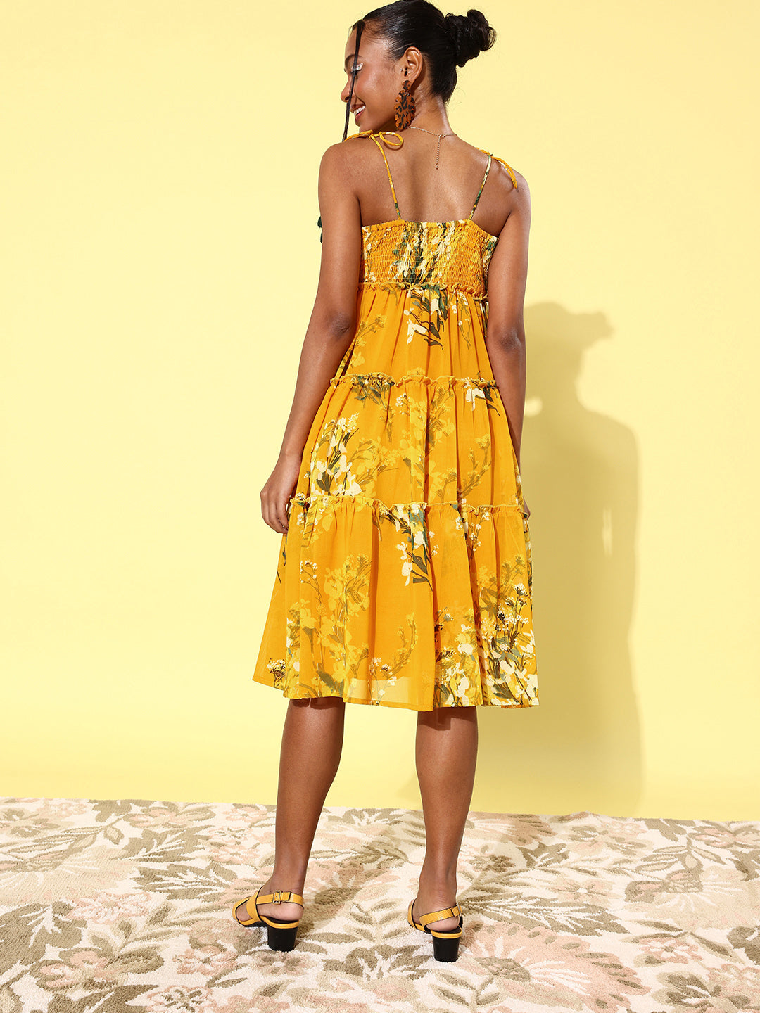 Women's Floral Tier Midi Dress with String Tie Ups- Yellow