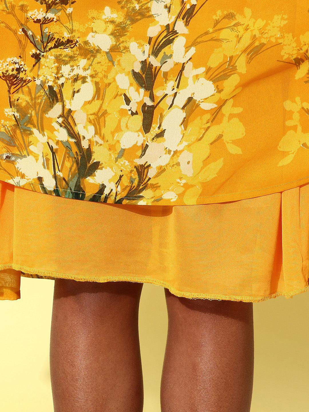 Women's Floral Tier Midi Dress with String Tie Ups- Yellow