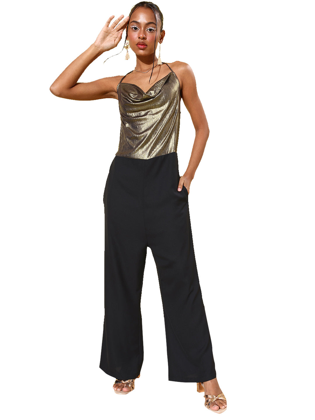 Women's Black & Gold Cowl Neck Jumpsuit