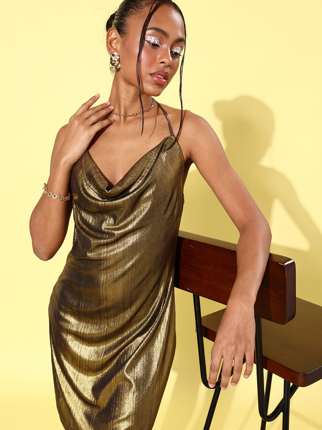 Women's Gold Cowl Neck Cocktail Short Dress