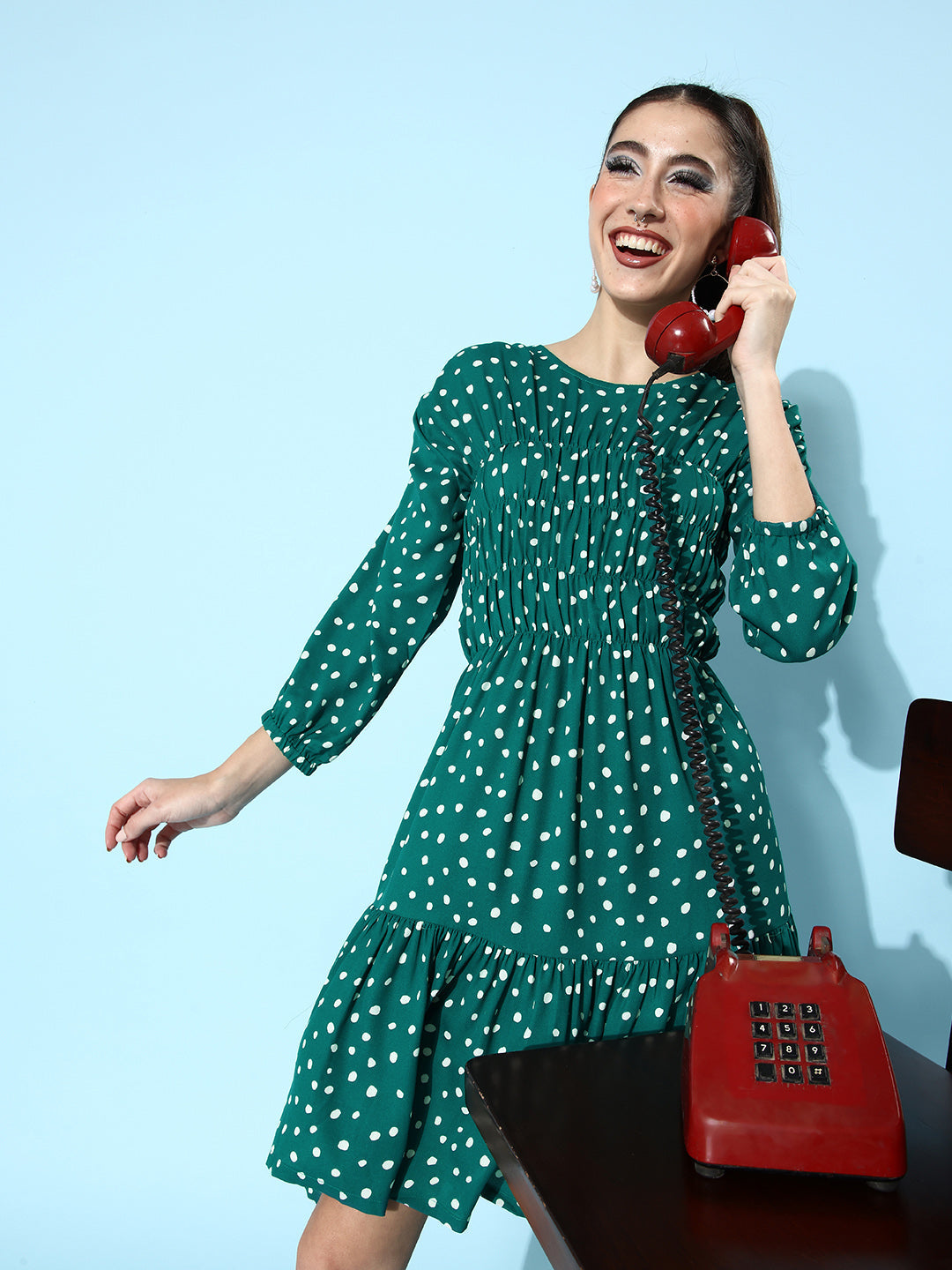 StyleStone Women's Ruched Green Polka Dress