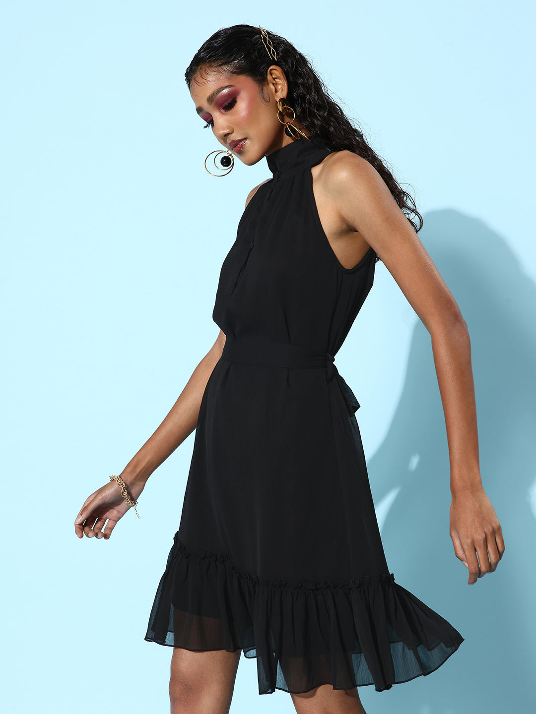 StyleStone Women's Black Chiffon Front Buttoned Dress