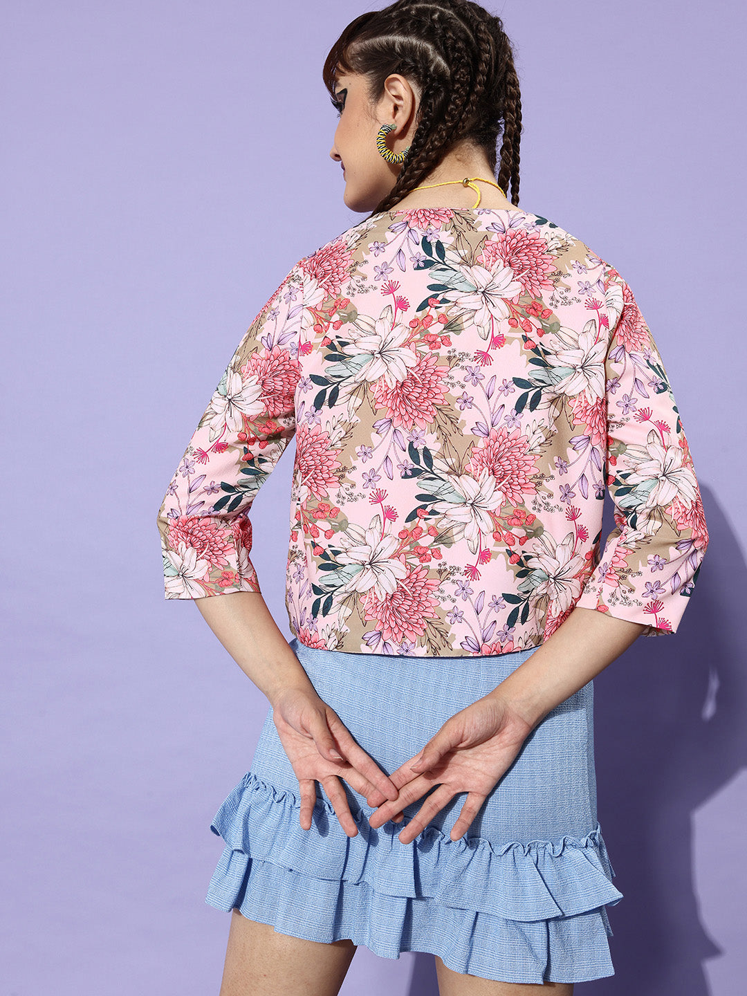 StyleStone Women's Peach Floral Printed Polyester Shrug
