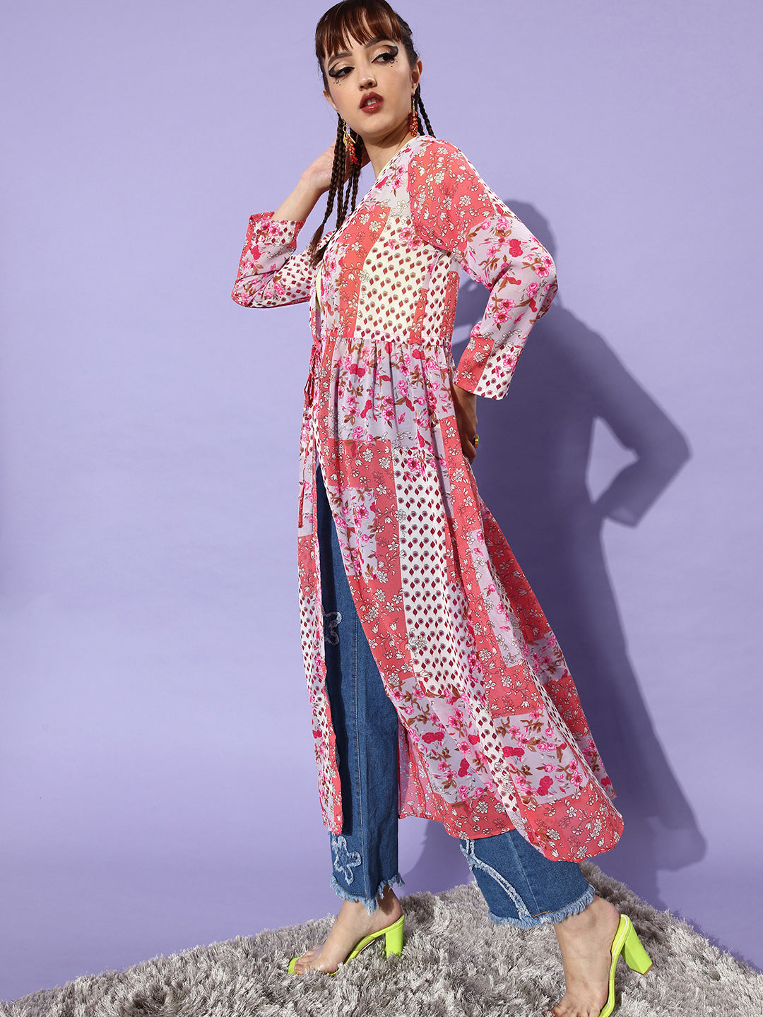 StyleStone Women's Tile Print Pink & Coral Polyester Long Shrug