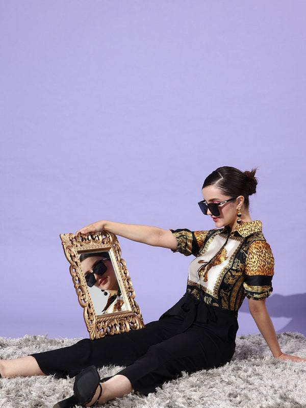 StyleStone Women's Satin Tiger Print Jumpsuit