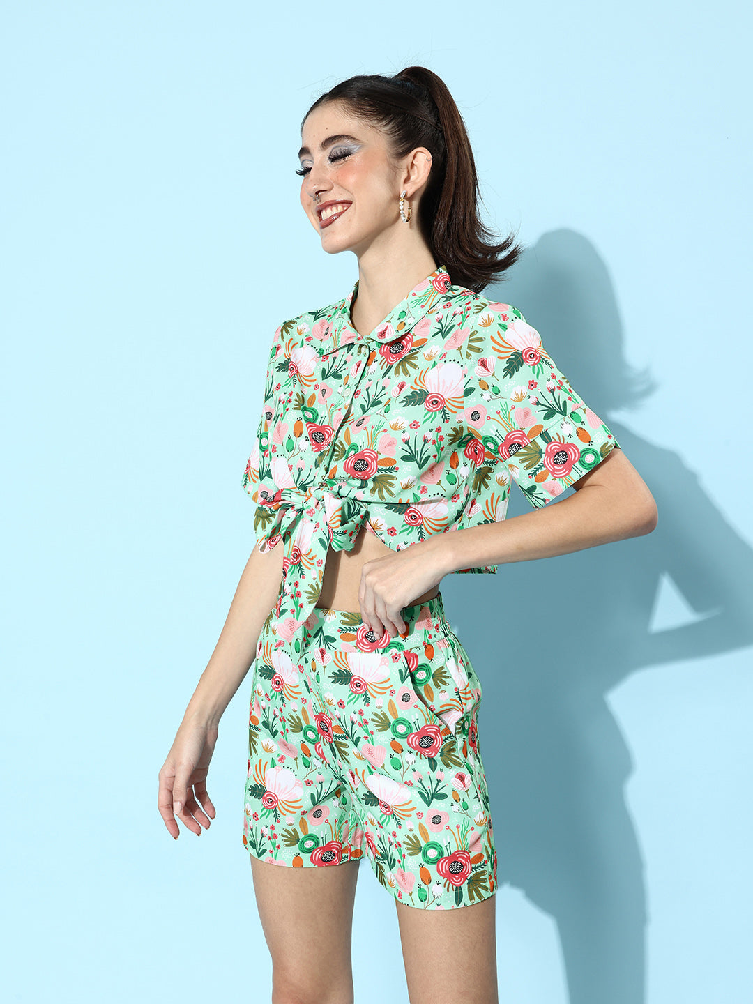 StyleStone Women's Floral Polyester Top and Shorts Co-Ord Set