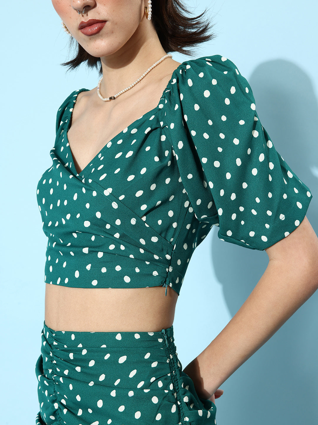 StyleStone Women's Pleated Green Polka Top & Skirt Co-Ord Set