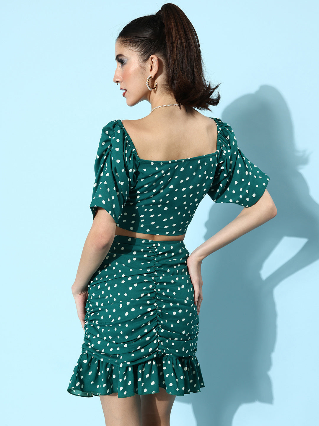 StyleStone Women's Pleated Green Polka Top & Skirt Co-Ord Set