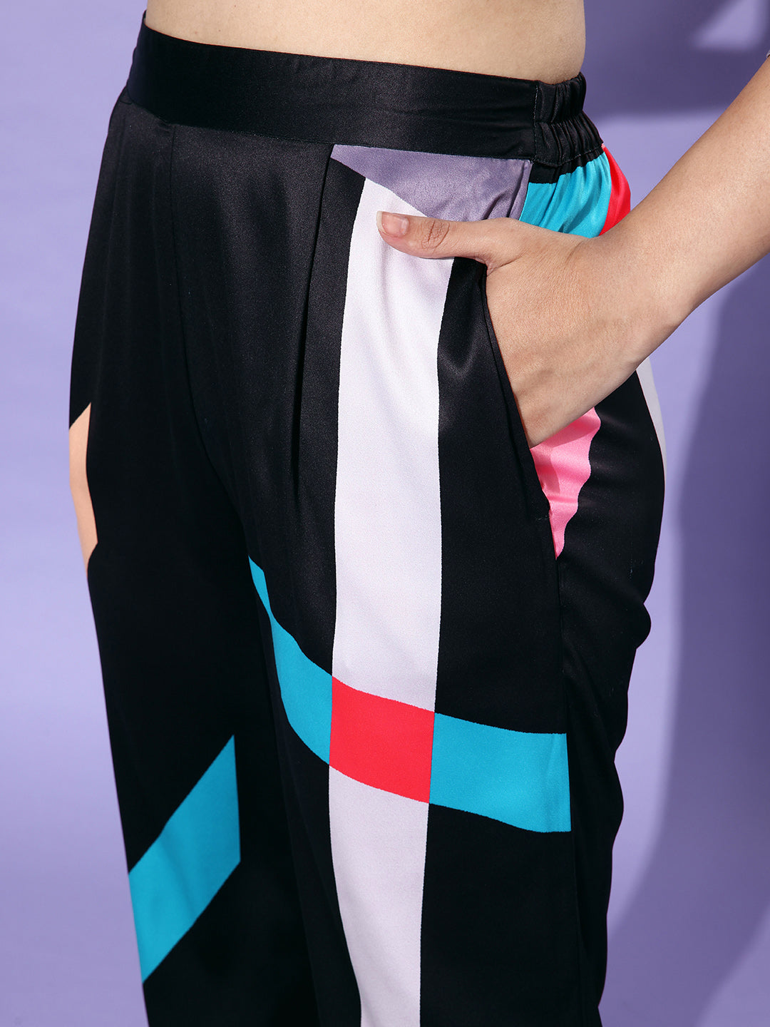 StyleStone Women's Black & Beige Satin Shirt and Trousers Co-ord Set