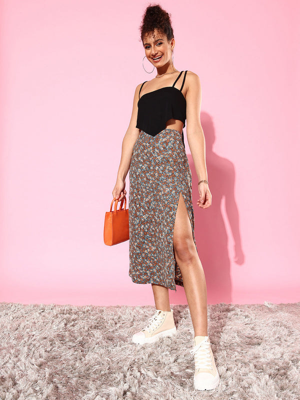 StyleStone Women's Floral Slit Midi Skirt- Grey & Coral