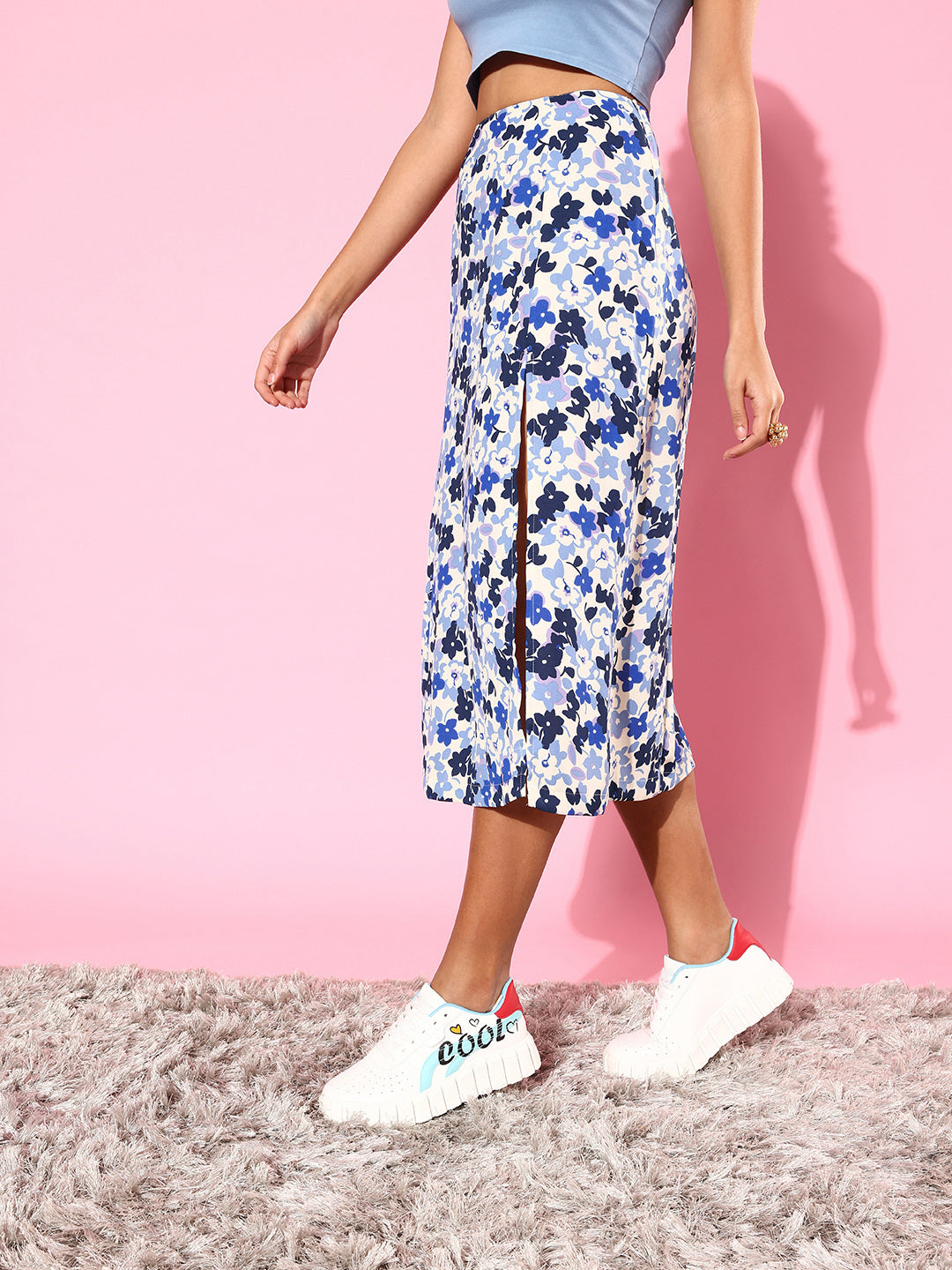 StyleStone Women's Floral Slit Midi Skirt- Blue & White