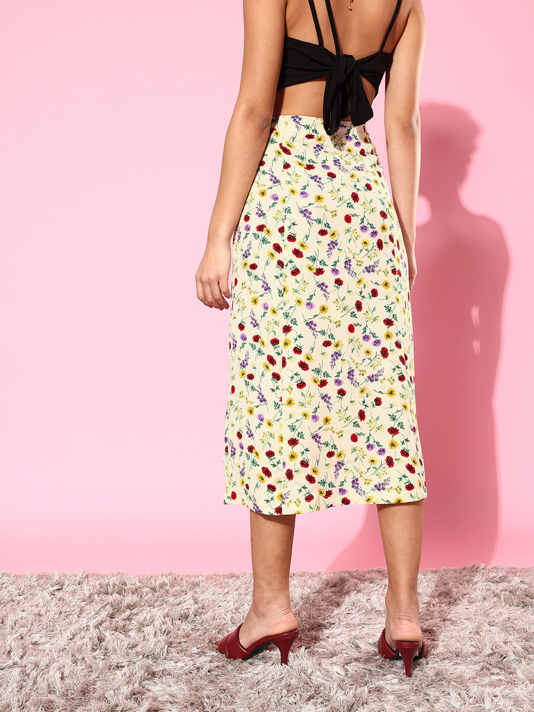 StyleStone Women's Floral Slit Midi Skirt- Multi