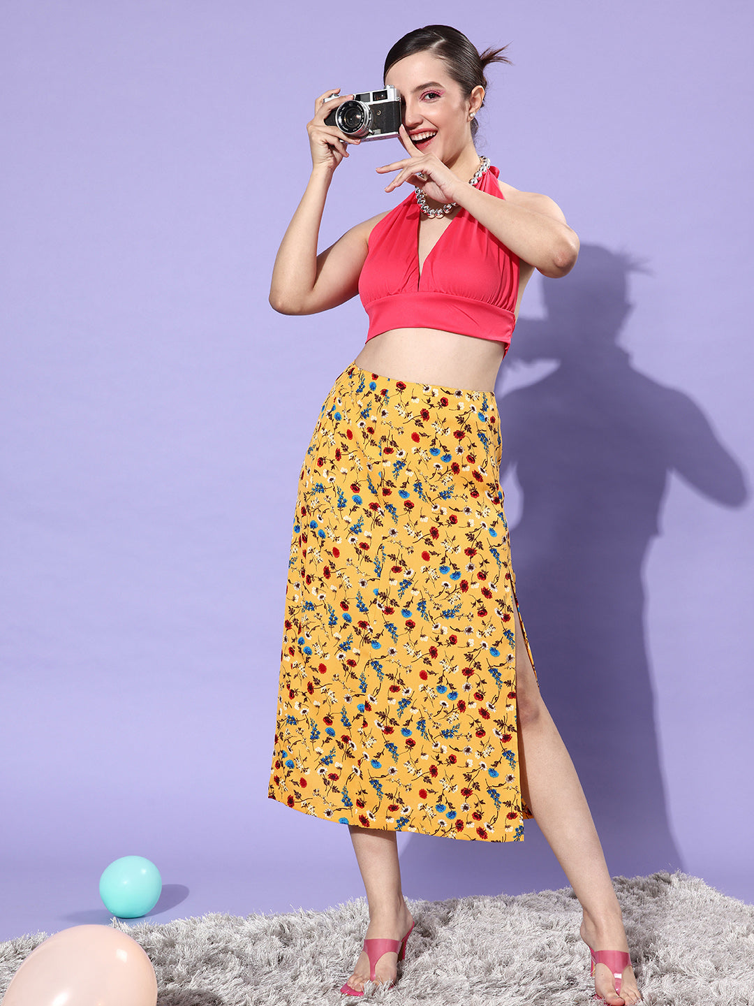 StyleStone Women's Floral Slit Midi Skirt- Yellow