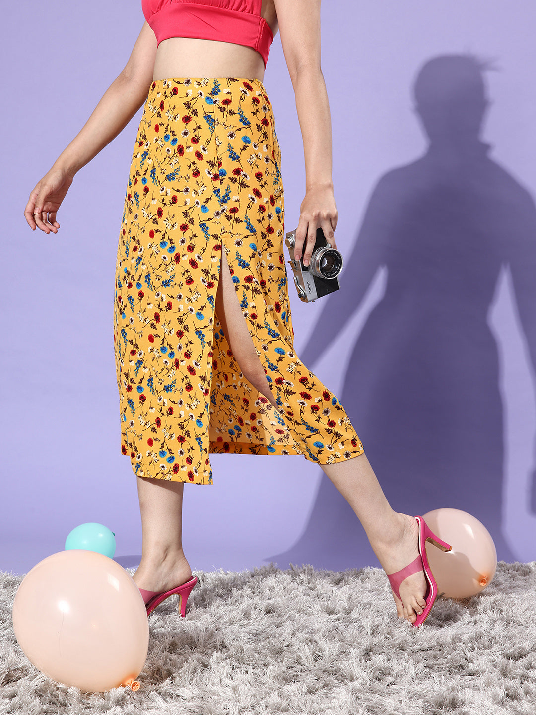 StyleStone Women's Floral Slit Midi Skirt- Yellow