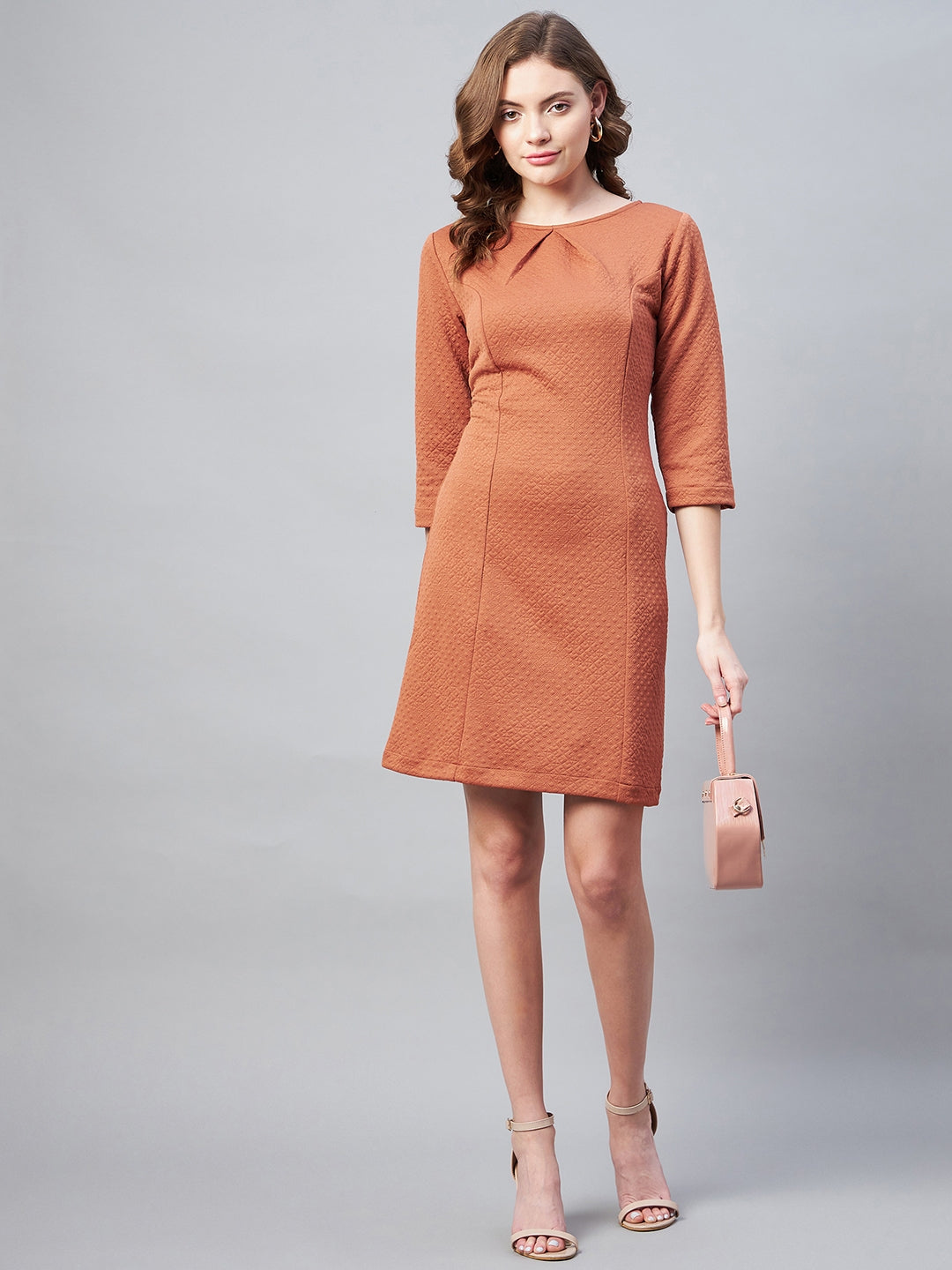 StyleStone Women's Jacquard Self Design Rust Dress
