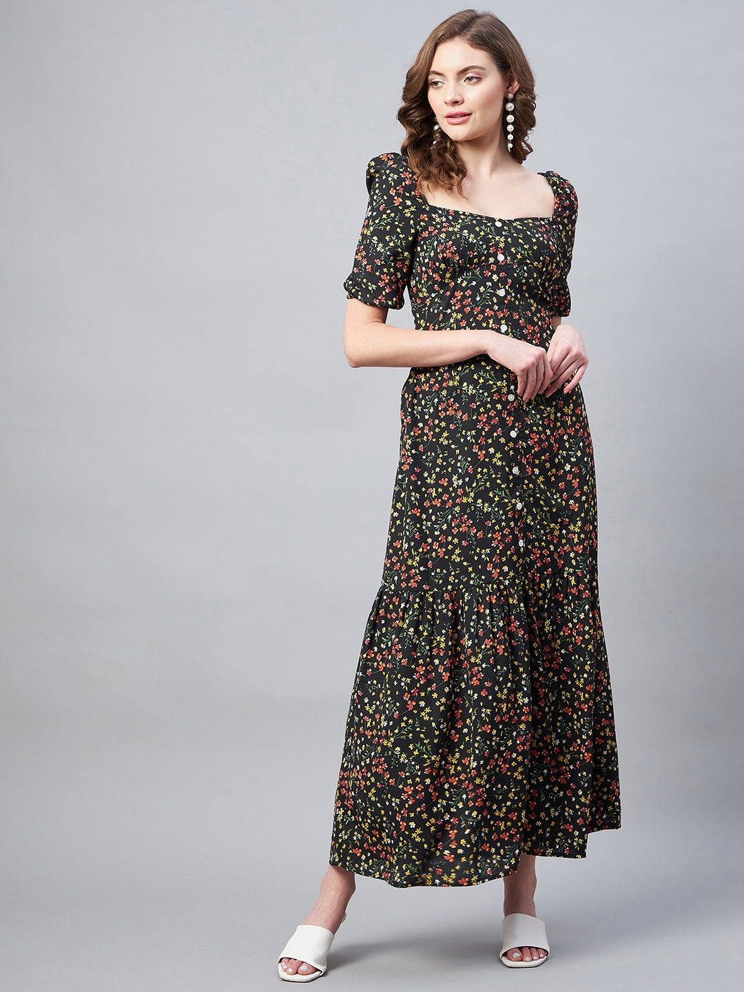 StyleStone Women's Black Polyester Moss Floral Maxi Dress