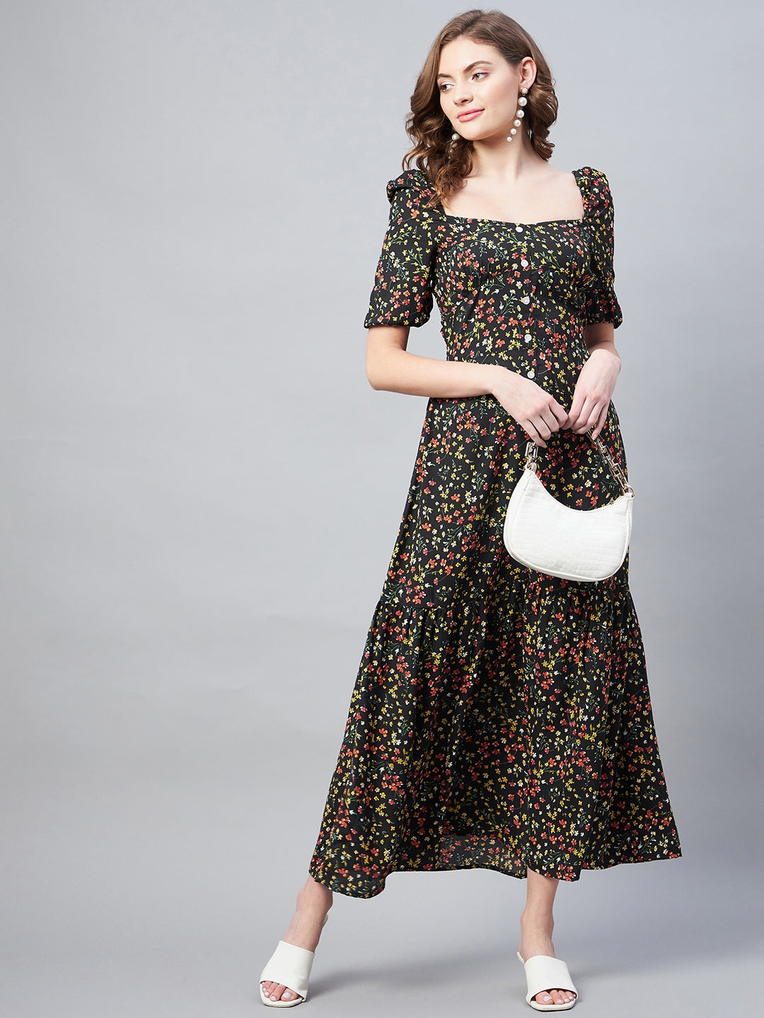 StyleStone Women's Black Polyester Moss Floral Maxi Dress