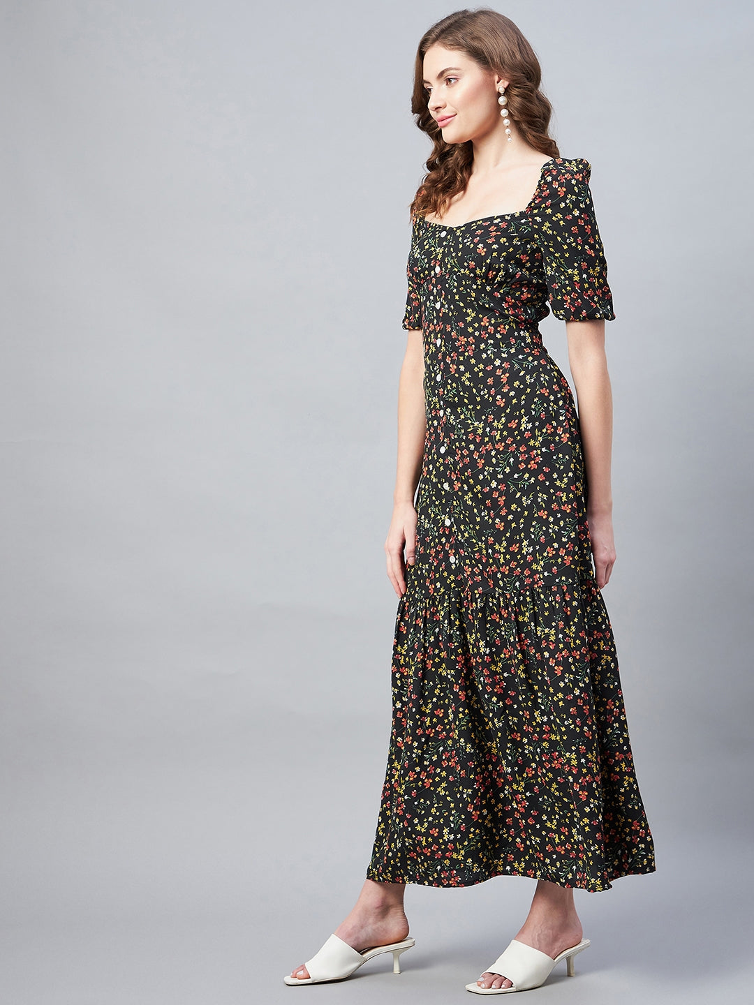 StyleStone Women's Black Polyester Moss Floral Maxi Dress