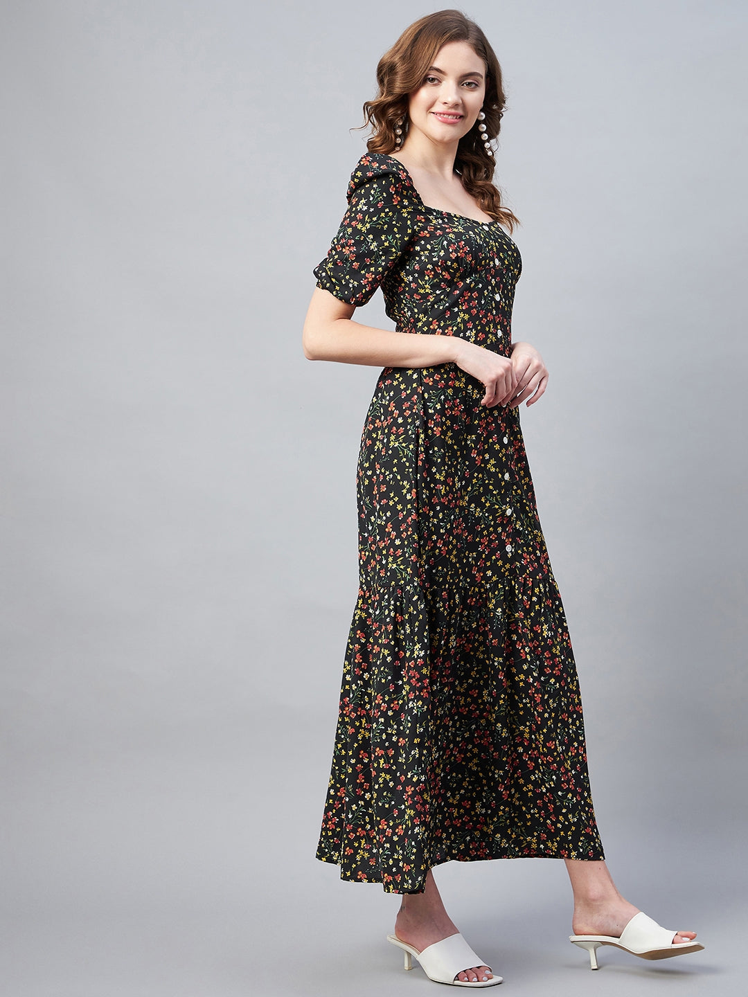 StyleStone Women's Black Polyester Moss Floral Maxi Dress