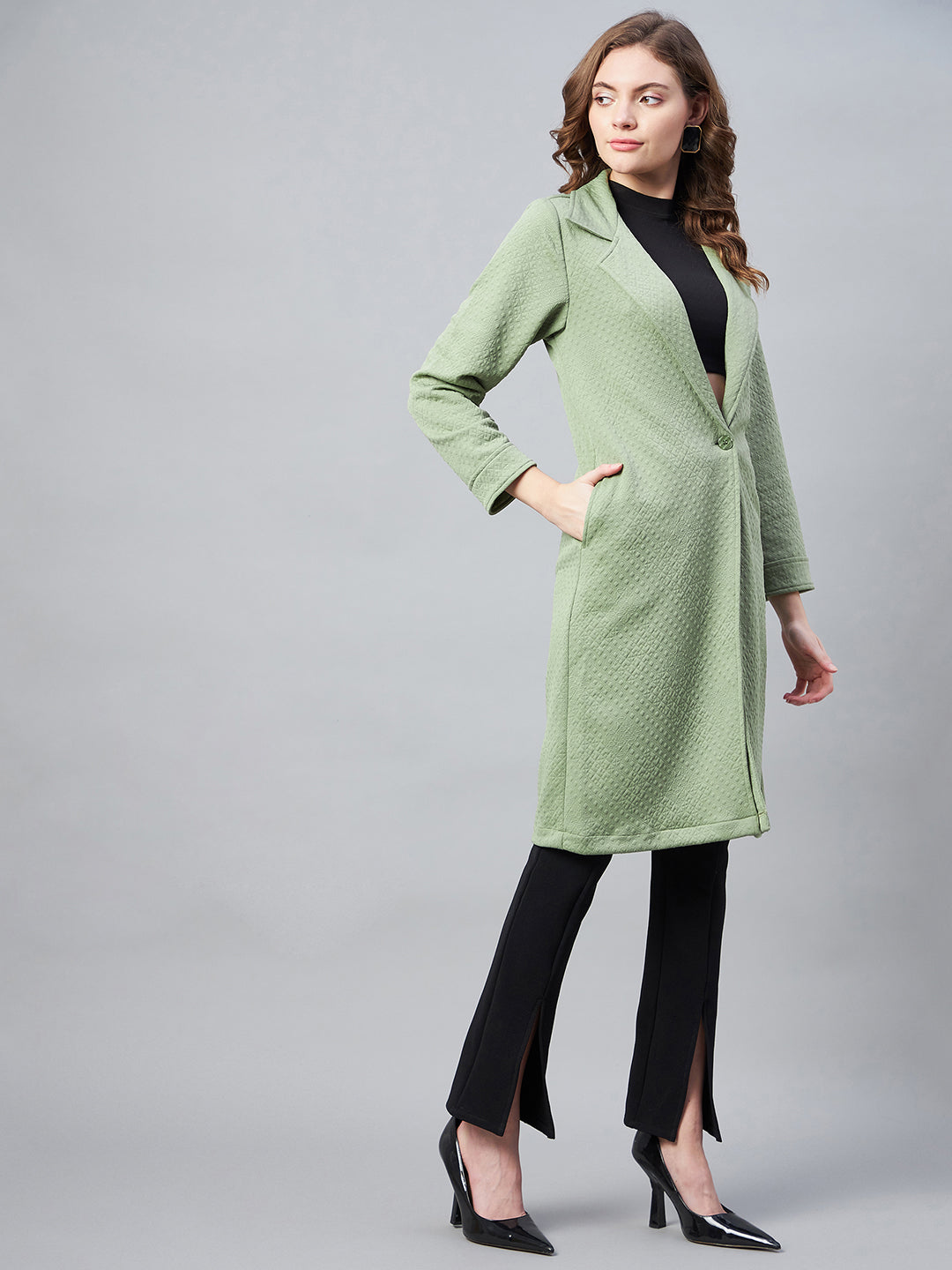 StyleStone Women's Olive Polyester Jacquard Self Design OverCoat