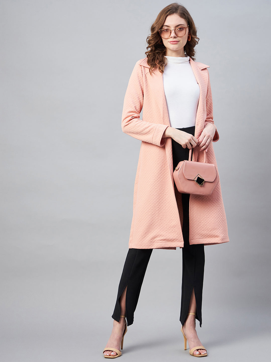StyleStone Women's Pink Polyester Jacquard Self Design OverCoat