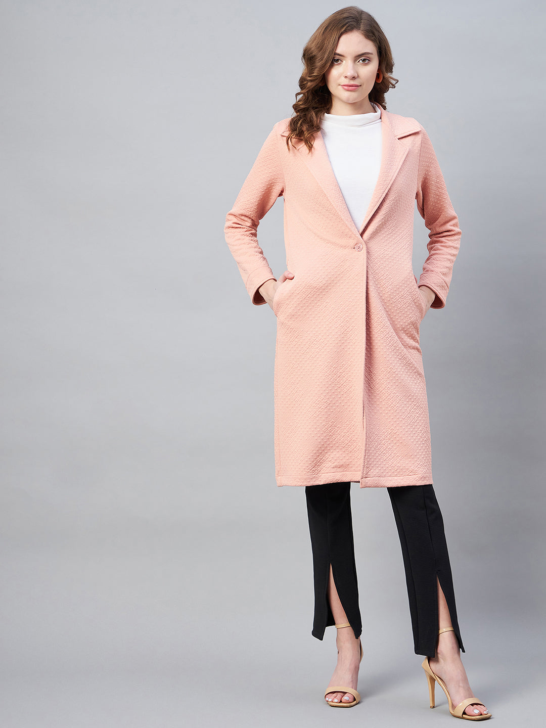 StyleStone Women's Pink Polyester Jacquard Self Design OverCoat