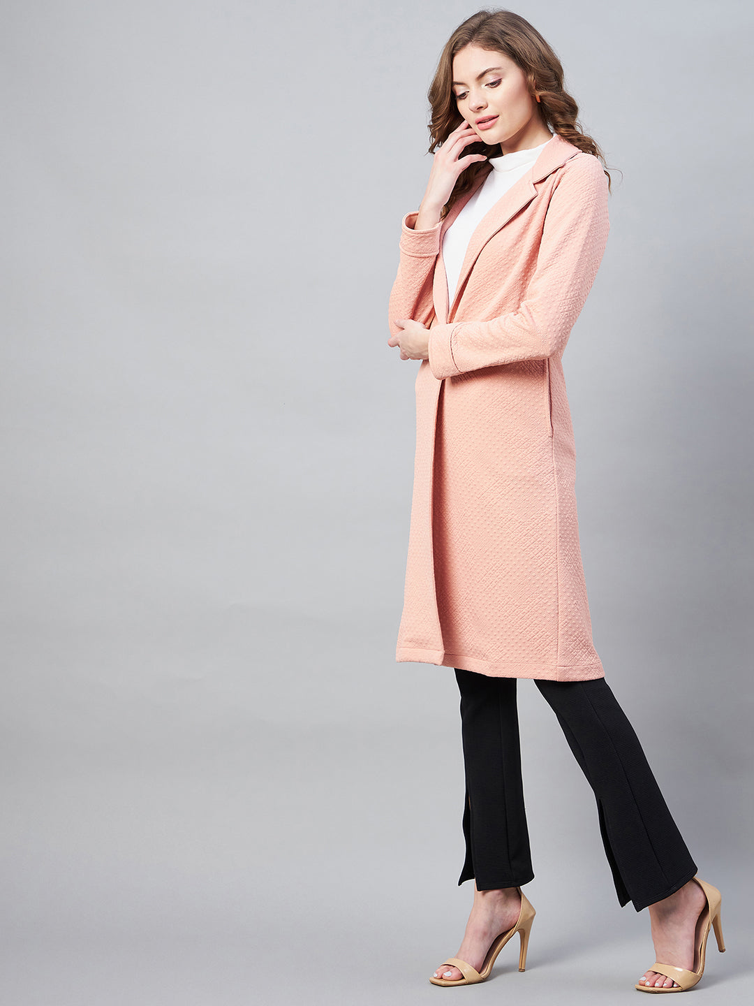 StyleStone Women's Pink Polyester Jacquard Self Design OverCoat