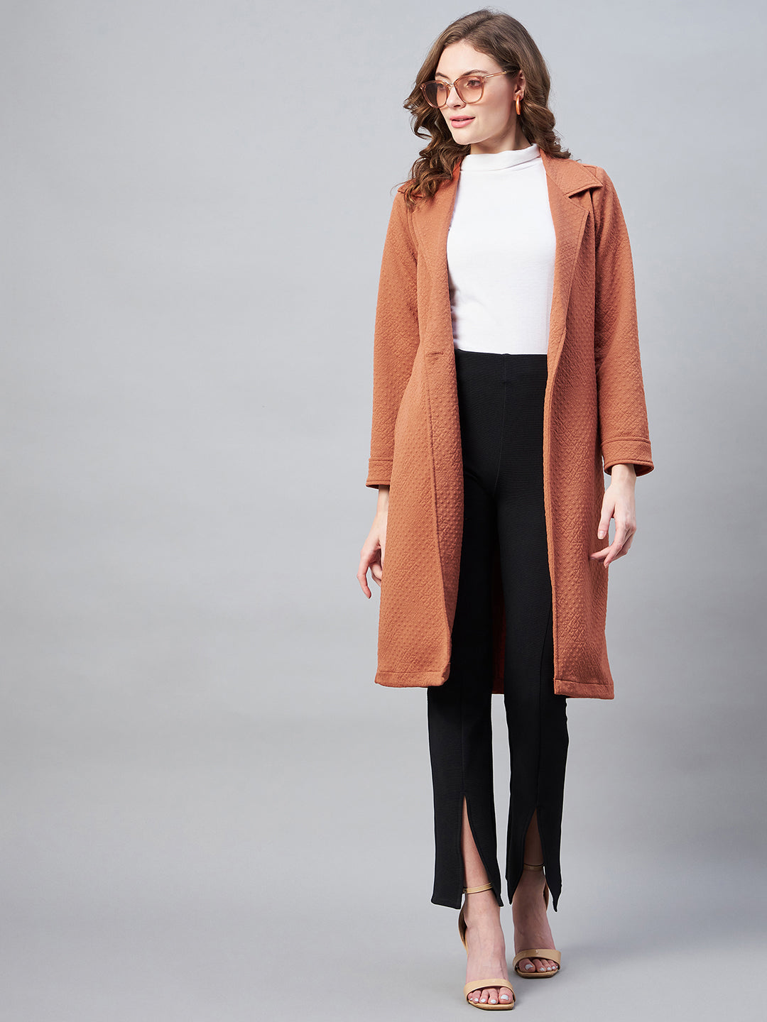StyleStone Women's Rust Polyester Jacquard Self Design OverCoat