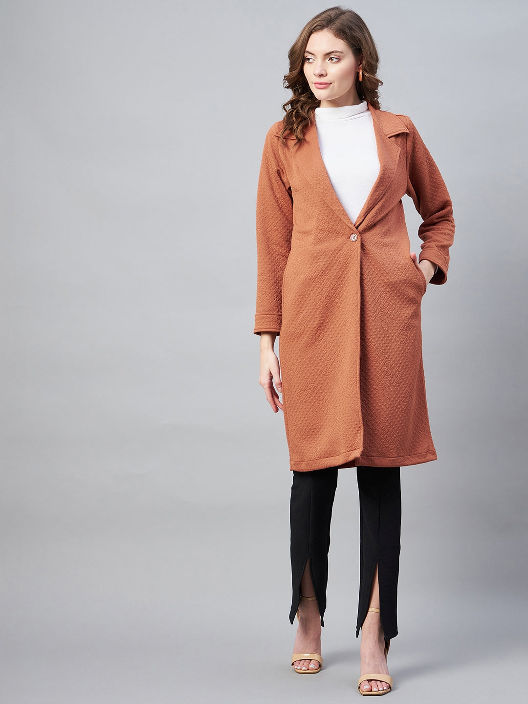 StyleStone Women's Rust Polyester Jacquard Self Design OverCoat