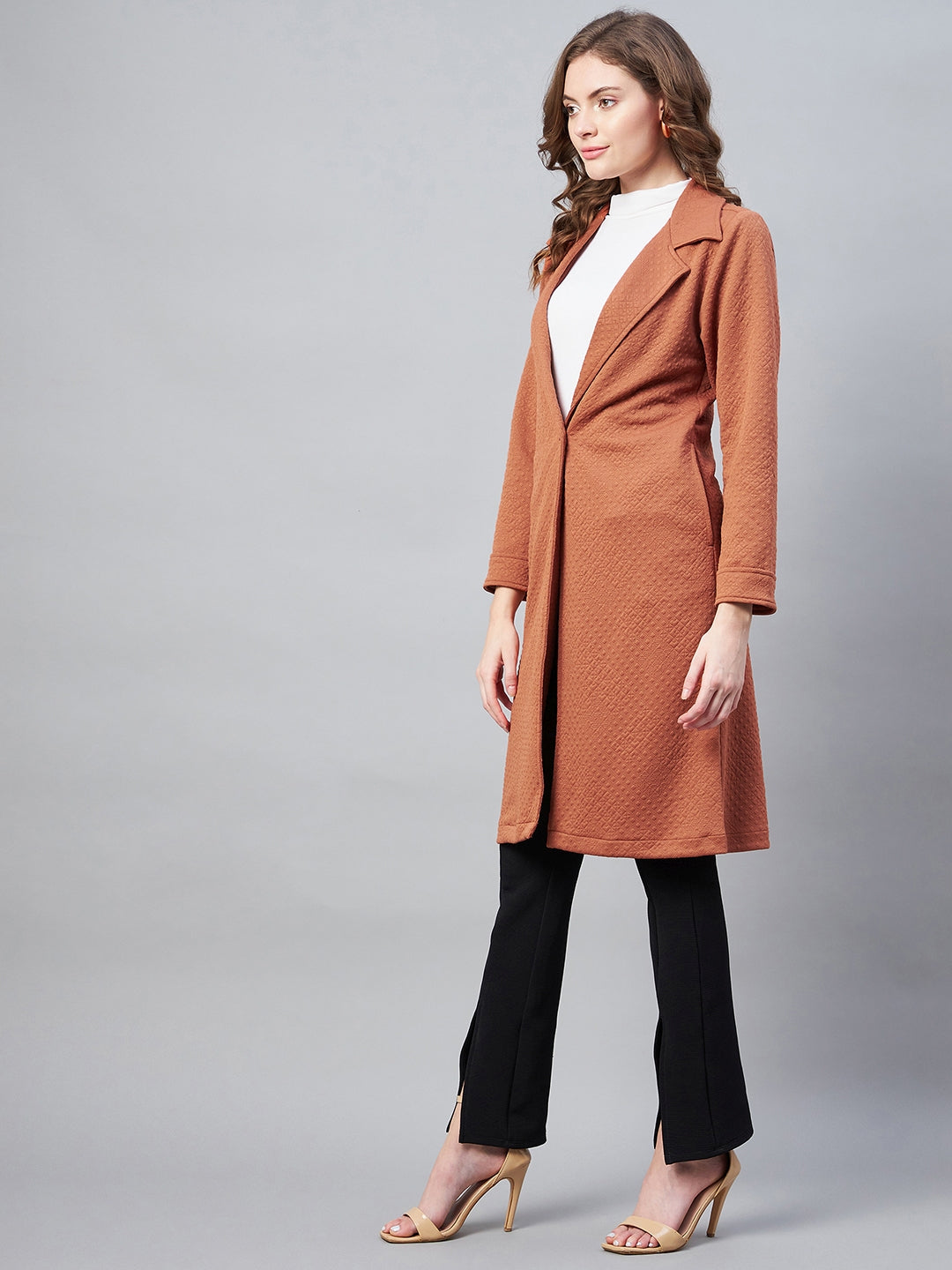 StyleStone Women's Rust Polyester Jacquard Self Design OverCoat