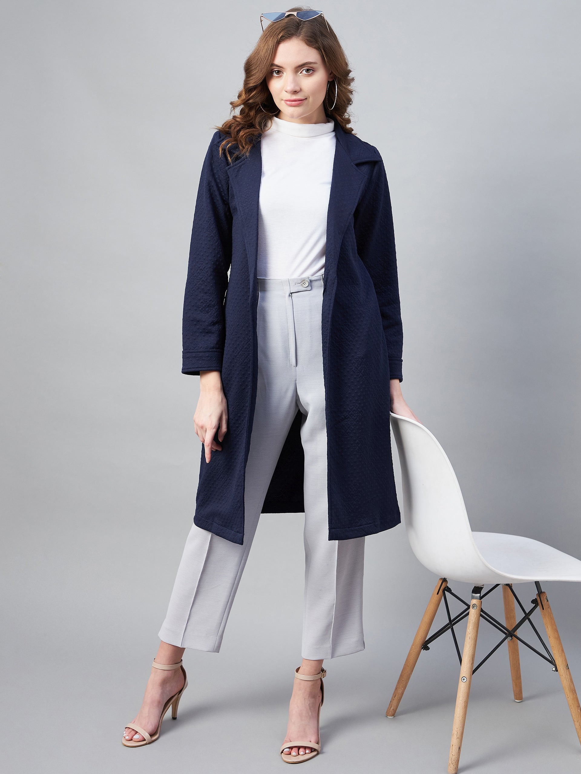 StyleStone Women's Navy Polyester Jacquard Self Design OverCoat