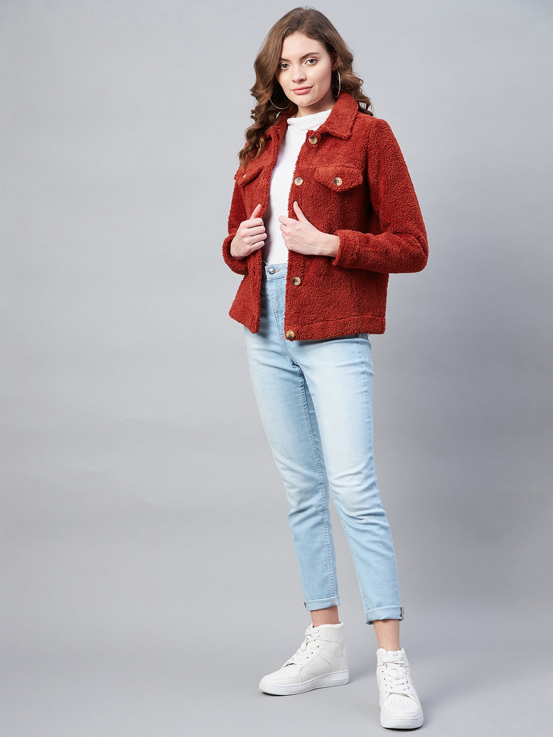 StyleStone Women's Red Fleece Casual Winter Jacket
