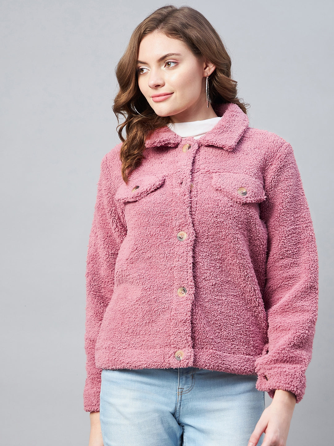 StyleStone Women's Pink Fleece Casual Winter Jacket