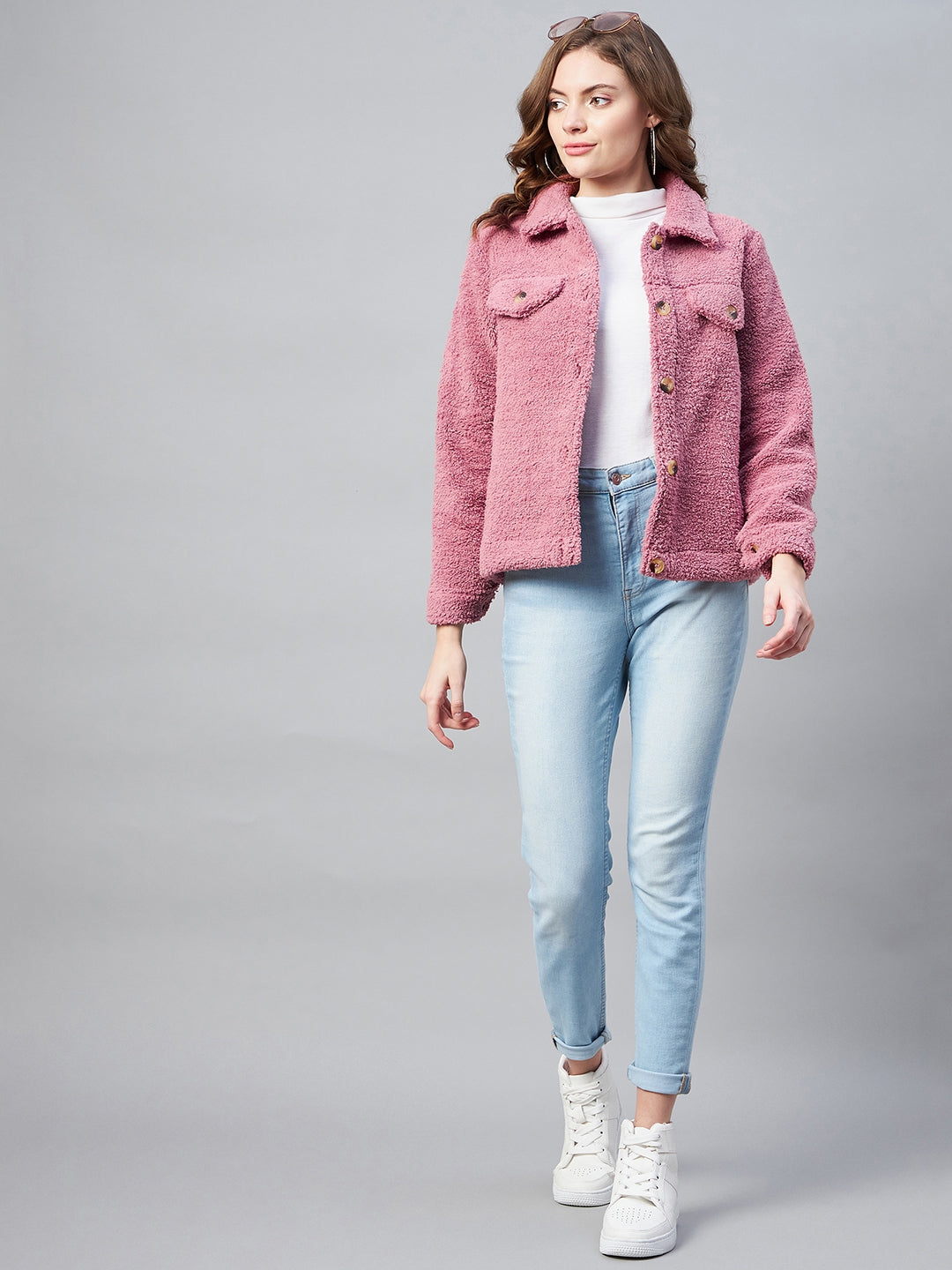 StyleStone Women's Pink Fleece Casual Winter Jacket