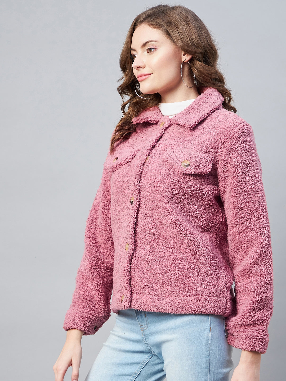 StyleStone Women's Pink Fleece Casual Winter Jacket