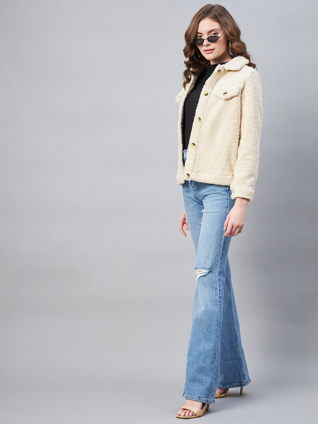 StyleStone Women's Cream Fleece Casual Winter Jacket