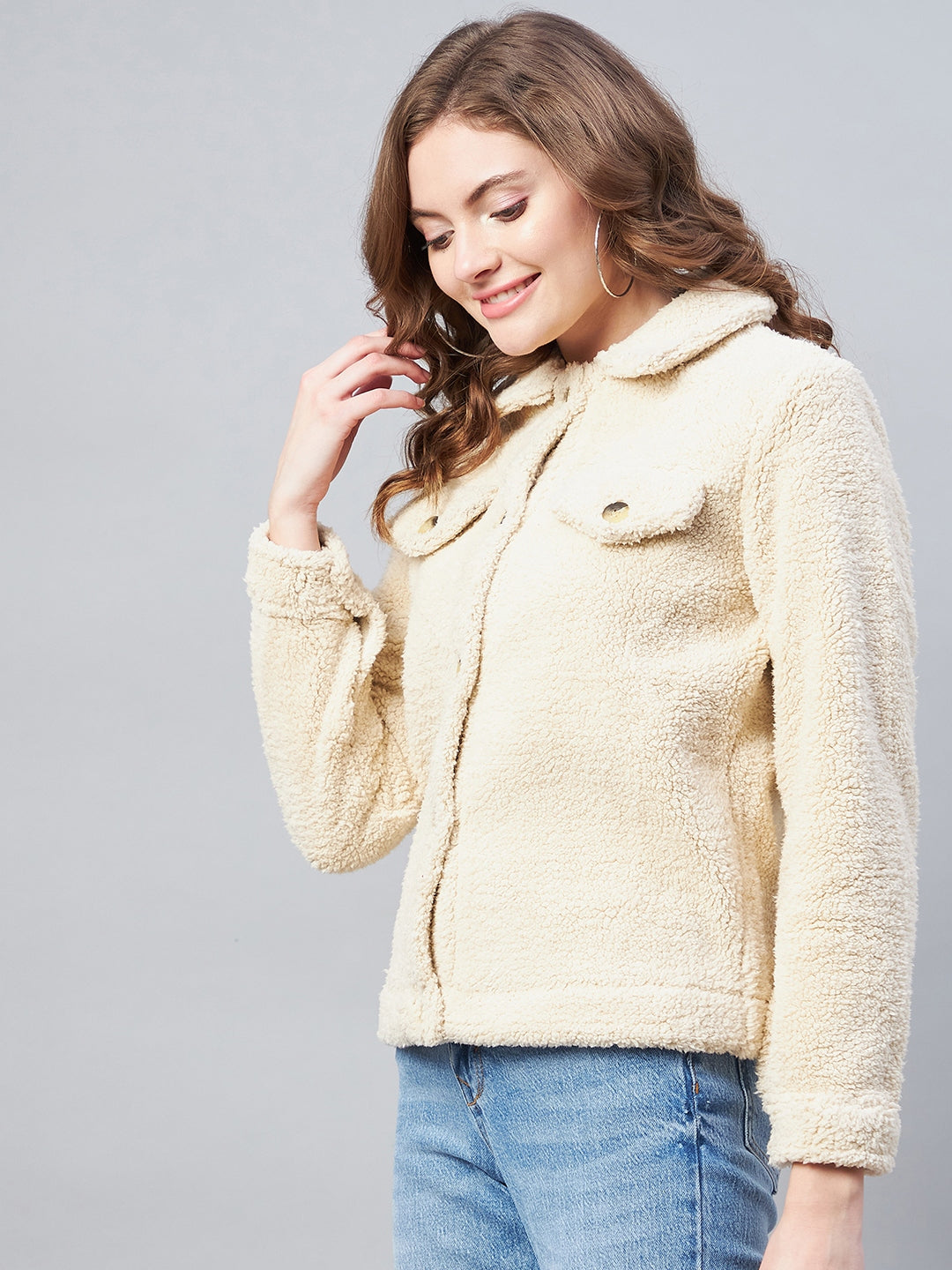 StyleStone Women's Cream Fleece Casual Winter Jacket